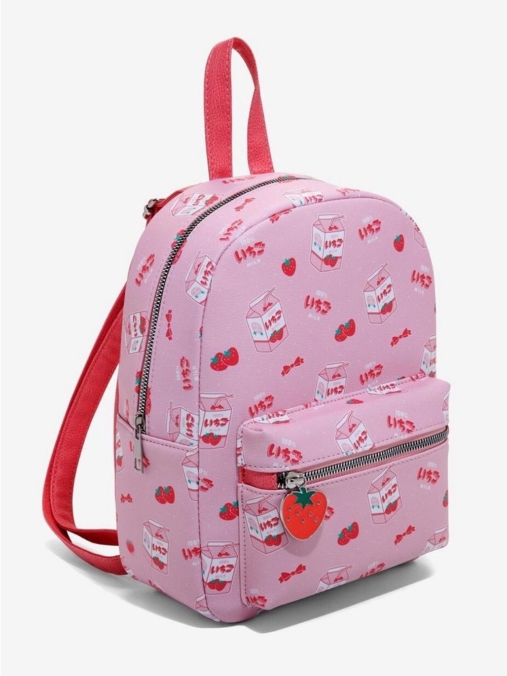 Pink Strawberry Print Mini Backpack with Strawberry Charm
